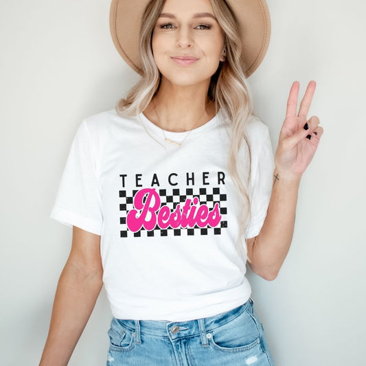 "Checkered Teacher Besties" Vintage Teacher T-shirt