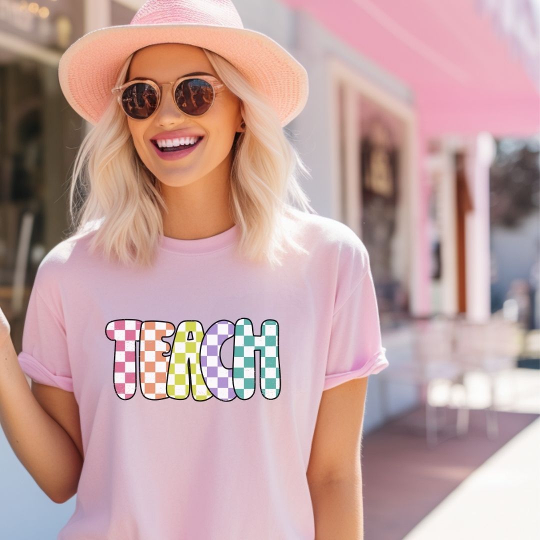 "Checkered Colorful Teach" Teacher T-shirt