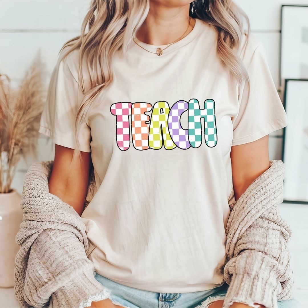 "Checkered Colorful Teach" Teacher T-shirt