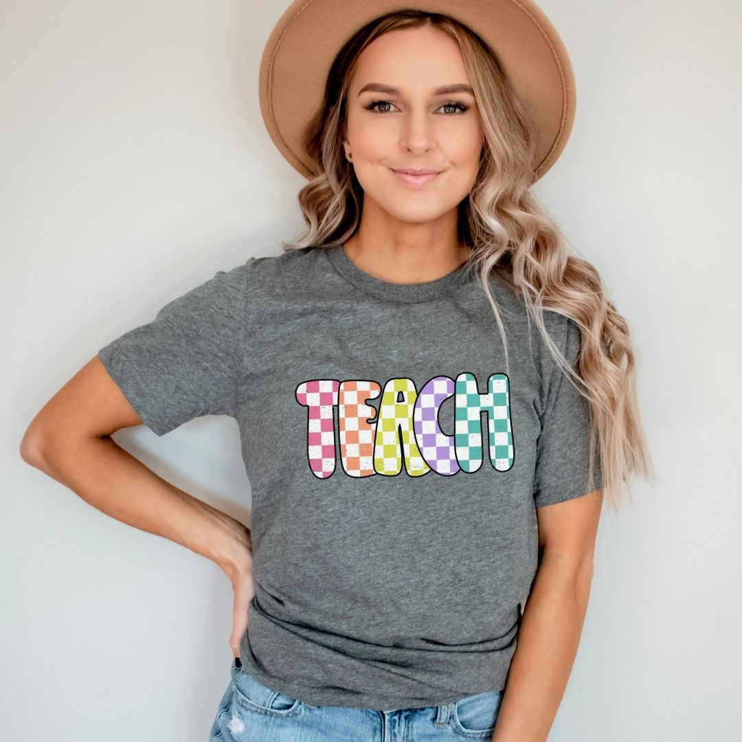 "Checkered Colorful Teach" Teacher T-shirt