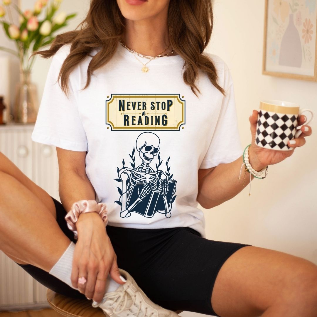 "Never Stop Reading" Teacher T-shirt